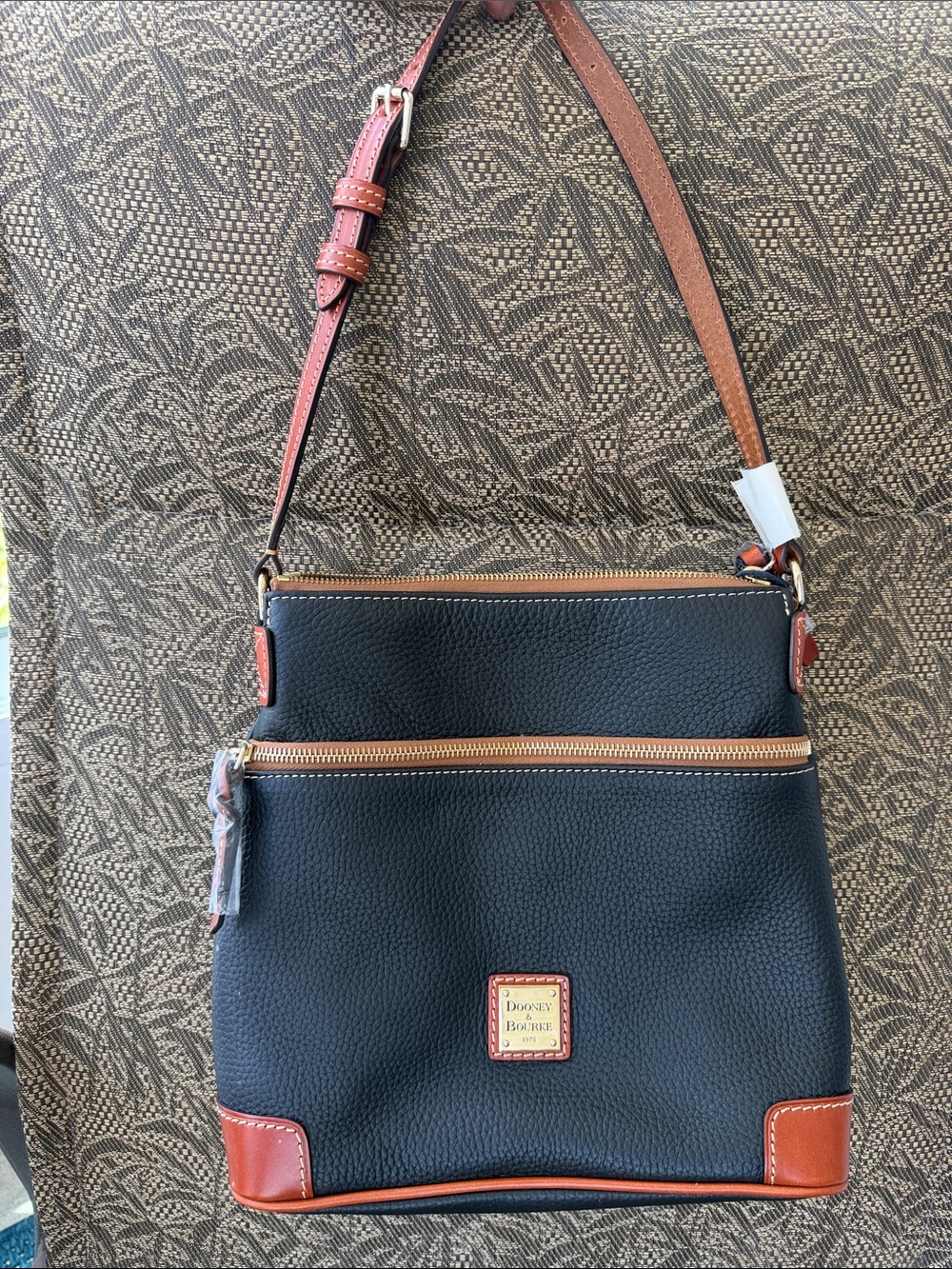 Dooney & Bourke Black Pebbled Leather Crossbody with Brown Trim and Strap